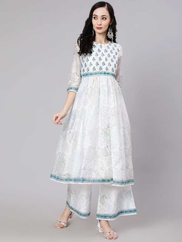 Women's White & Blue Hand Block Printed A-Line Kurta With Palazzo Set - Navyaa