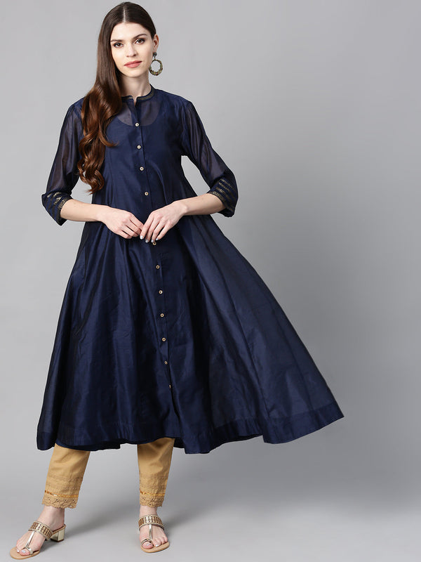 Jashvi Indigo Solid Chanderi Kalidar A-line Women Kurta With Buttons