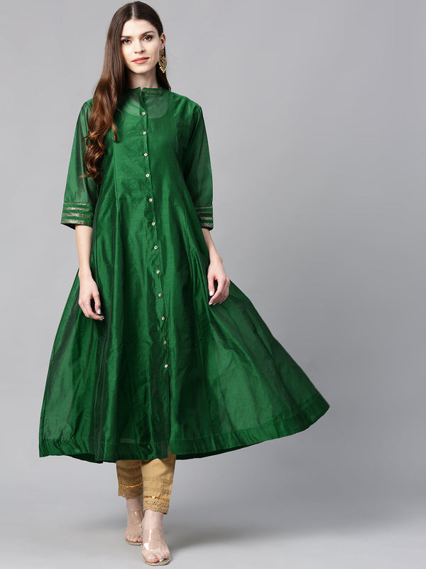 Jashvi Jade Green Solid Chanderi Kalidar A-line Women Kurta With Buttons