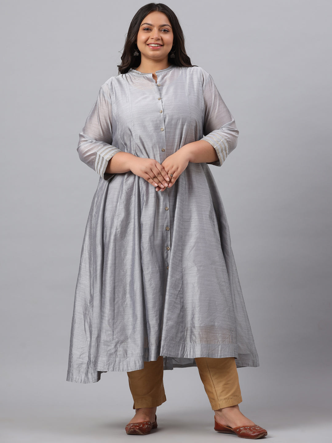 Women's Grey Chanderi Silk Solid Anarkali Kurta With Inner - Juniper