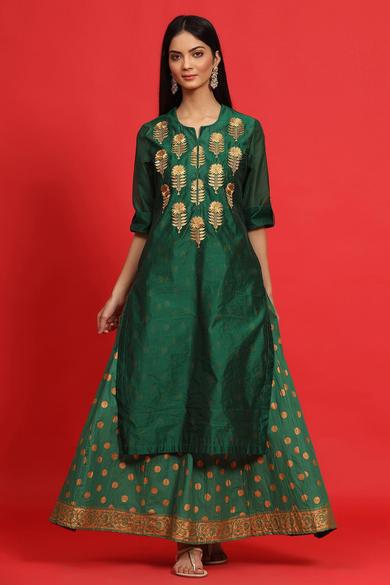 Emeraldgreen Chanderi Embroidered 2 Piece Kurta Dress - Juniper