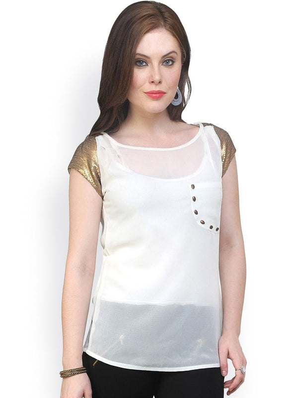 Women's White Georgette With Golden Sequence Top - Pannkh