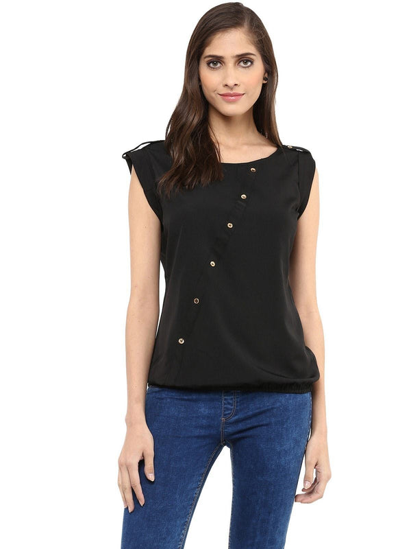 Women's Black Top With Fake Shoulder-Tab - Pannkh