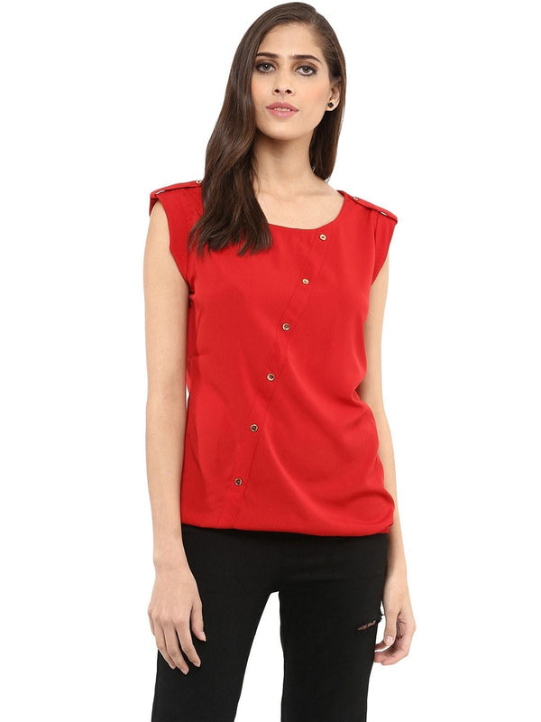 Women's Red Top With Fake Shoulder-Tab - Pannkh