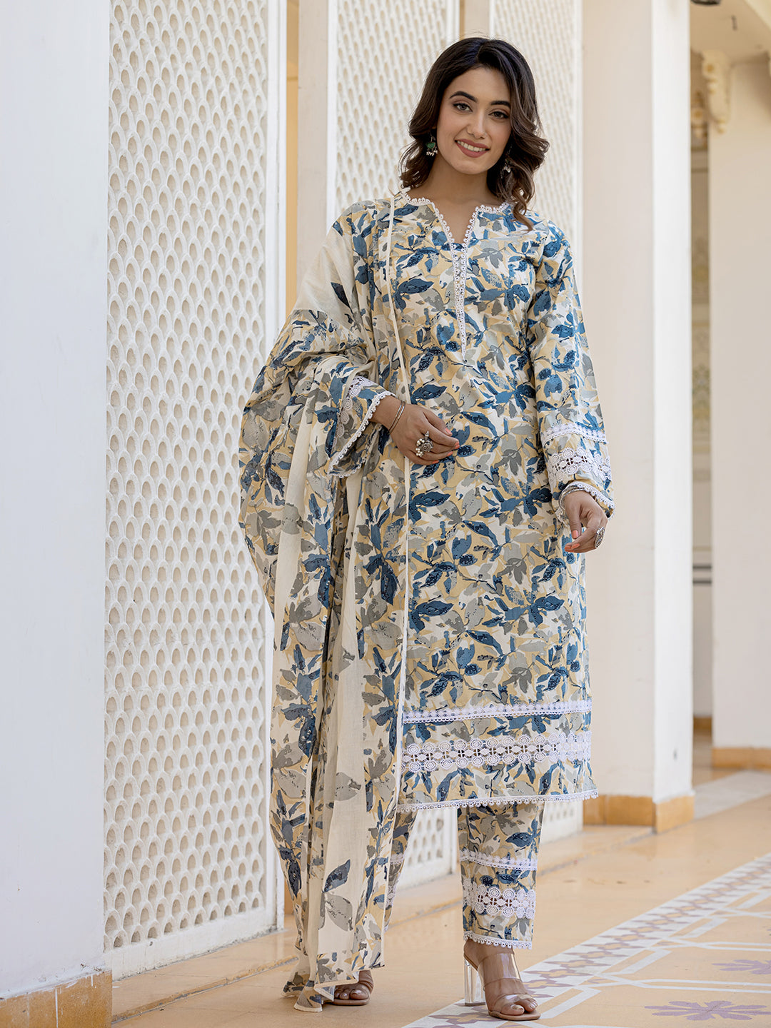 Women's Beage Leaf Print Straight Pakistani Style Kurta Trouser And Dupatta Set - Yufta