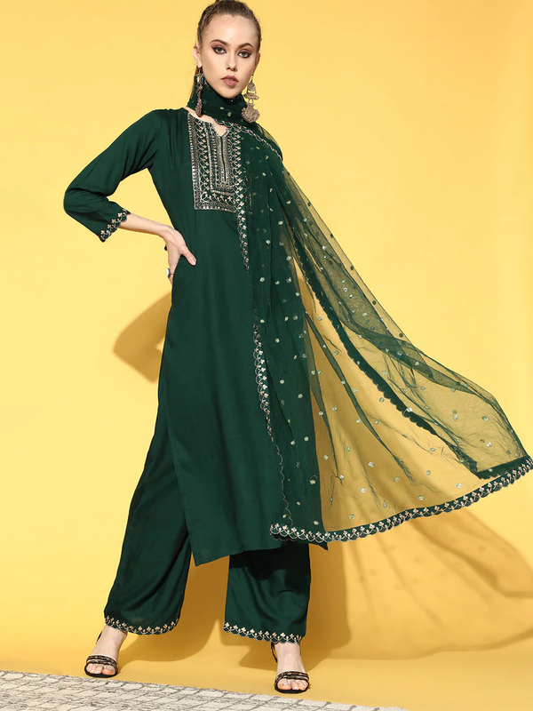 Women's Green Embroidered Straight Kurta With Plazo & Dupatta - Navyaa