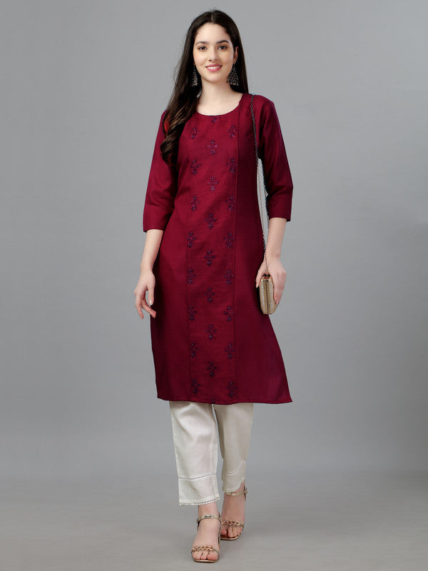 Women's Embroidered Straight Maroon Kurti - Malishka Export