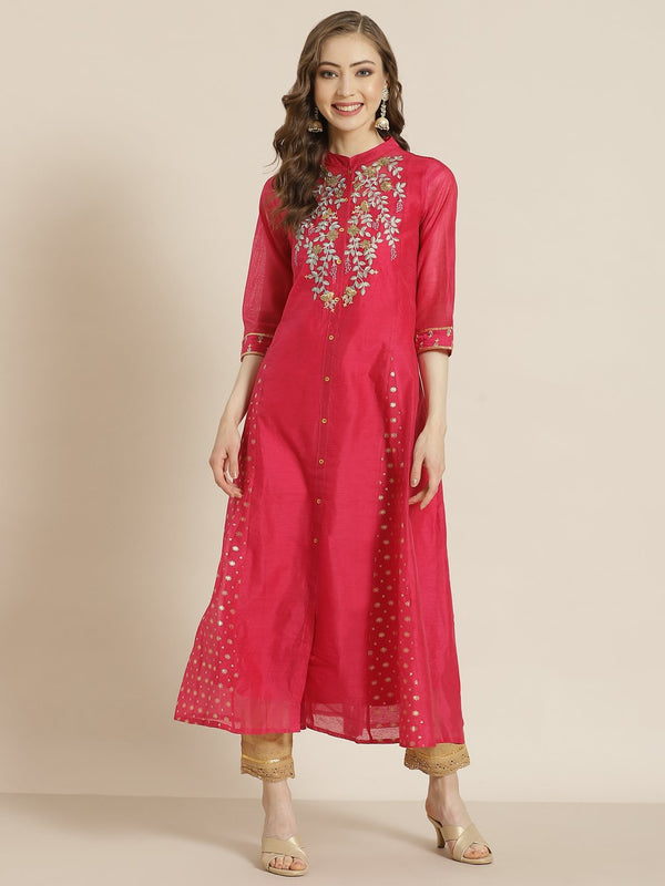 Women's Juniper Fuschia Chanderi Embroidered 2 Piece Kurta - Juniper