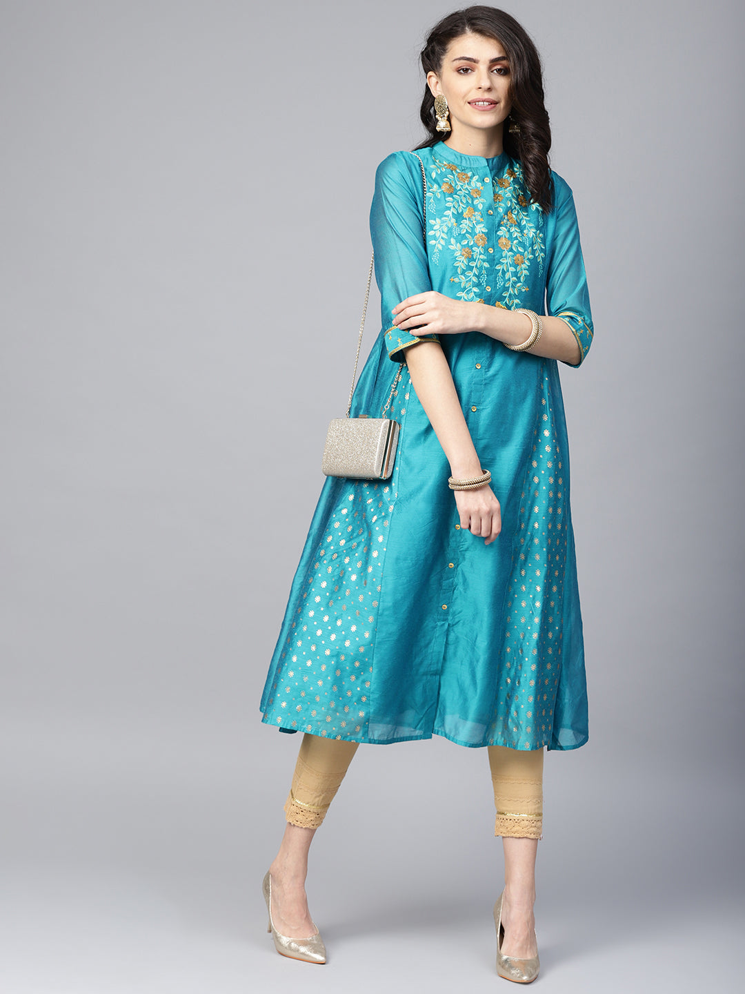 Women's Teal Chanderi Printed With Embroidery Anarkali Kurta - Juniper