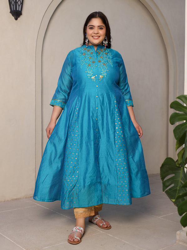 Jashvi Teal Chanderi Ethnic Motif Printed with Embroidery Anarkali Women Kurta With Buttons