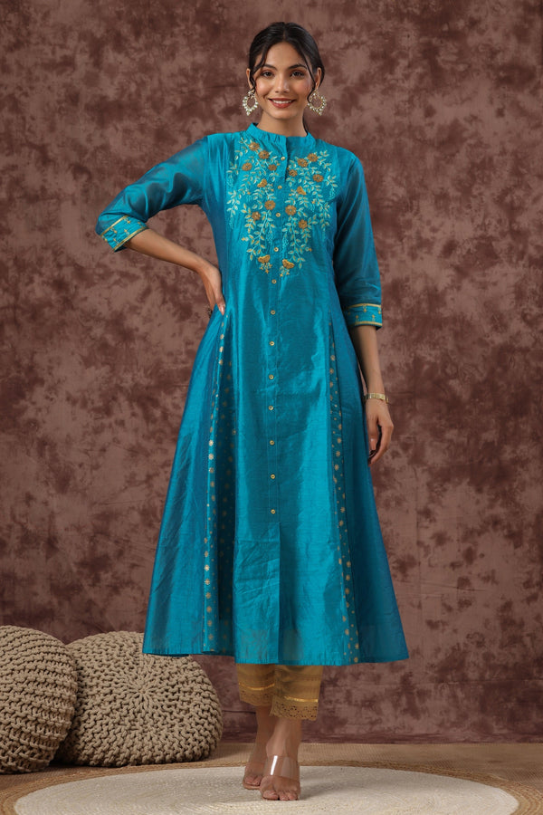 Jashvi Teal Chanderi Ethnic Motif Printed with Embroidery Anarkali Women Kurta With Buttons