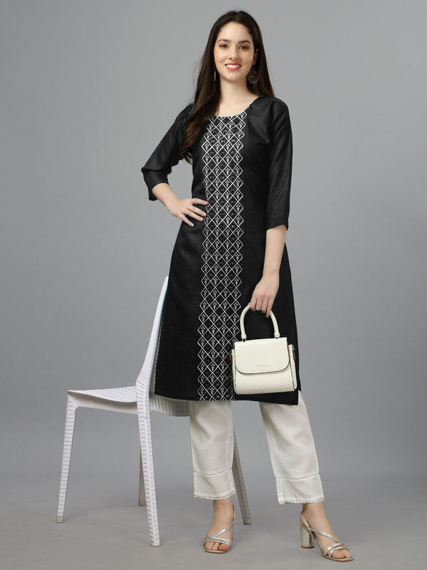 Women's Embroidered Straight Black Kurti - Malishka Export