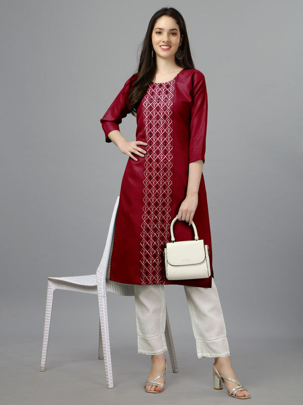 Women's Embroidered Straight Maroon Kurti - Malishka Export