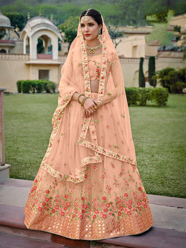 Women's Blush Net Heavy Embroidered Designer Lehenga - Myracouture