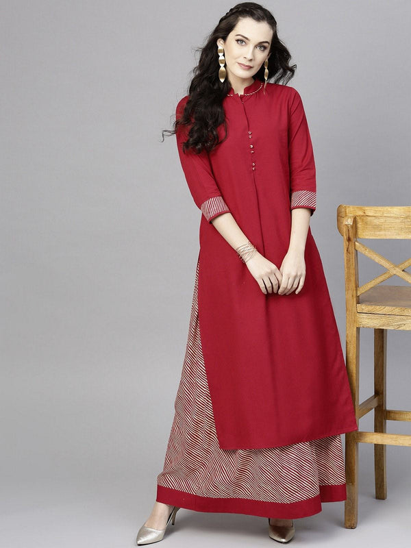 Women's Solid Kurta With Printed Stripe Skirt - Pannkh