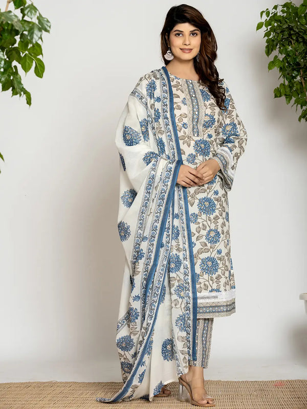 Blue And Off White Cotton Pakistani Style Kurta Dupatta Set-Indiakreations-JS1006SKDBLS