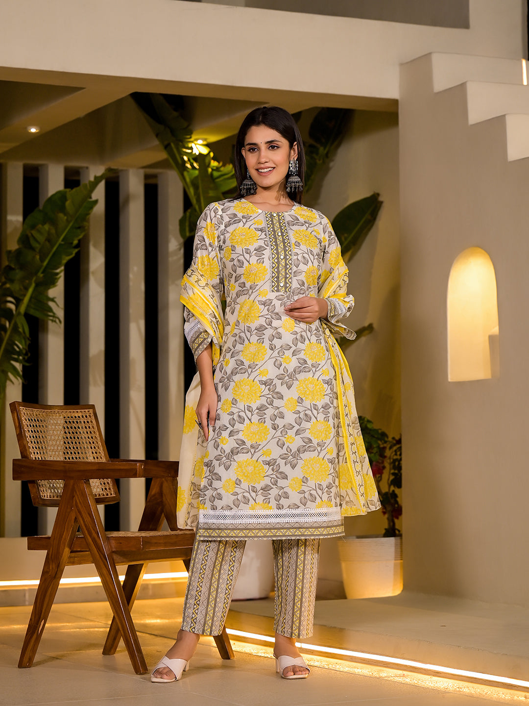 Women's Yellow Pure Cotton Floral Print Kurta With Trousers And Dupatta Set - Yufta