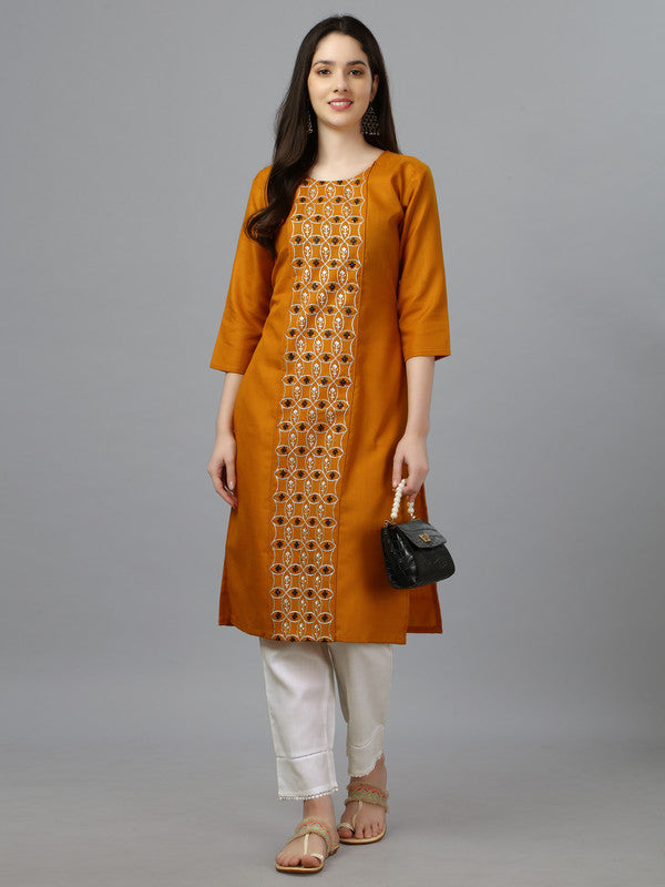 Women's Embroidered Straight Mustard Kurti - Malishka Export