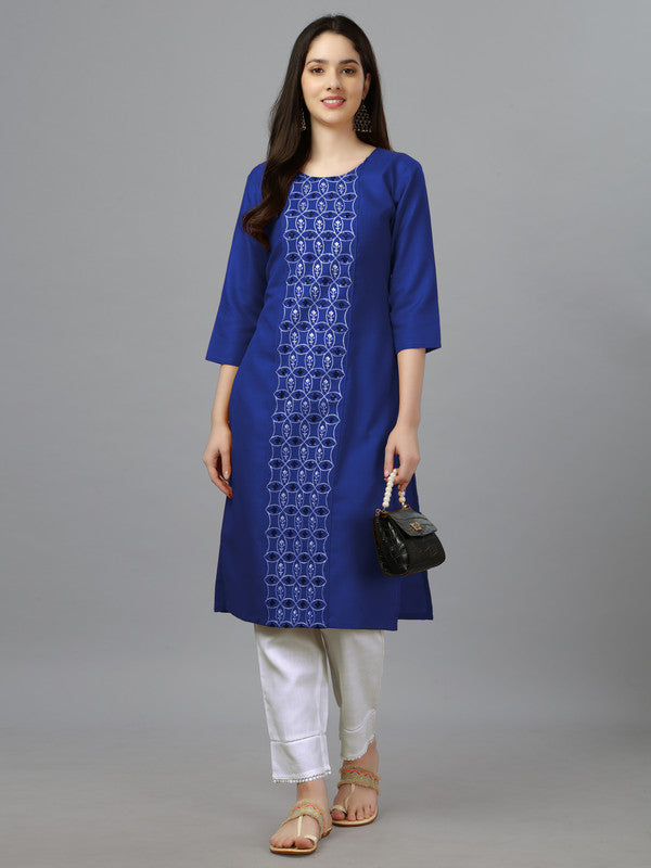 Women's Embroidered Straight Blue Kurti - Malishka Export