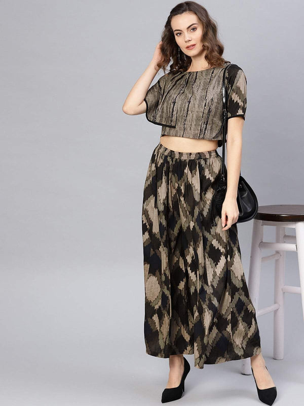 Women's Block Printed Asymmetric Top With Skirt - Pannkh