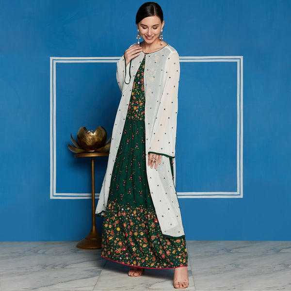 Women's Green Mughal Printed Top  With Skirt And Embroidered Shrug - Pannkh