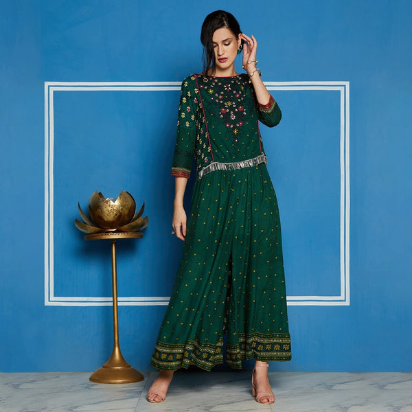 Women's Green Mughal High-Low Top With Kalidaar Palazzo - Pannkh