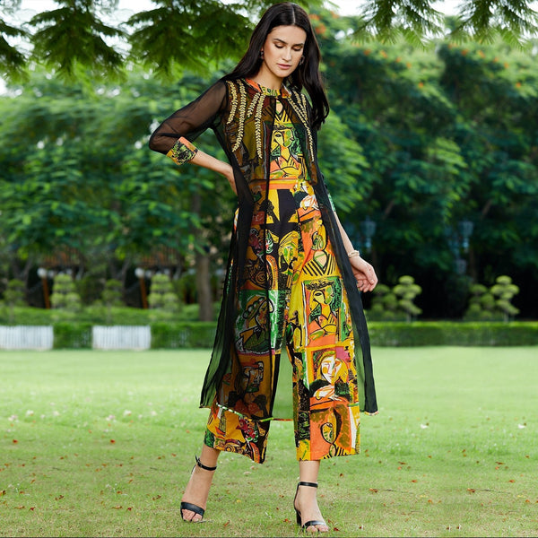 Women's Embroidered Jacket With Printed Top And Pants - Pannkh