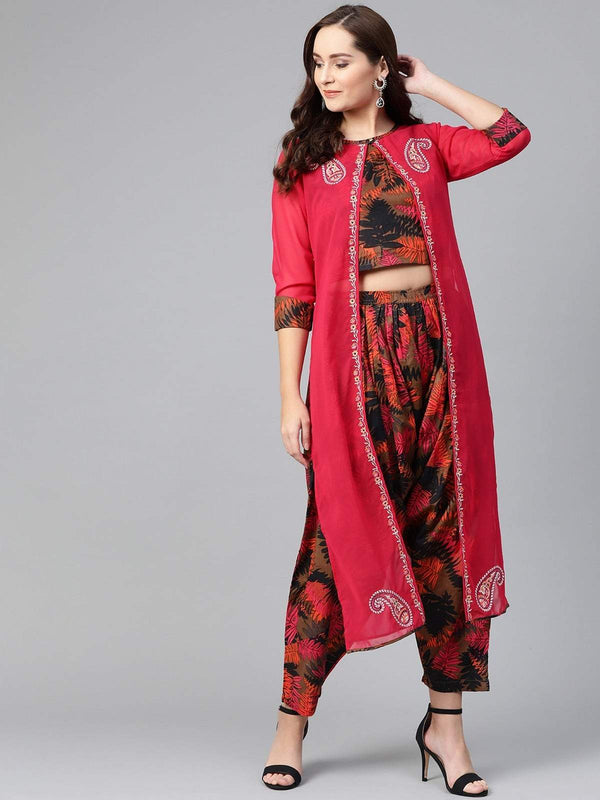 Women's Embroidered Jacket With Printed Top And Pants - Pannkh