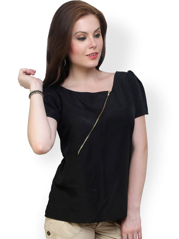 Women's Black Top Detailed With Gathered Sleeves And Diagonal Zip - Pannkh