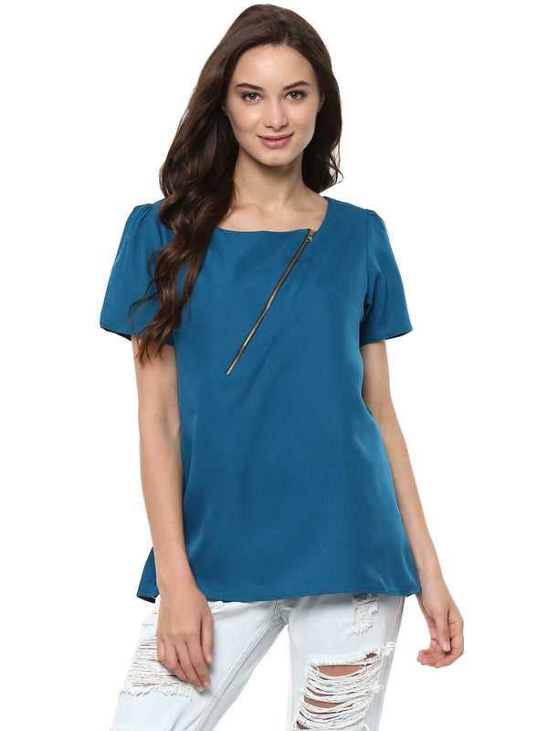 Women's Blue Top Detailed With Gathered Sleeves And Diagonal Zip - Pannkh