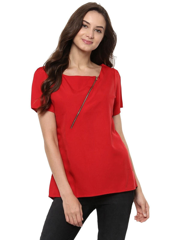 Women's Top Detailed With Gathered Sleeves And Diagonal Zip - Pannkh