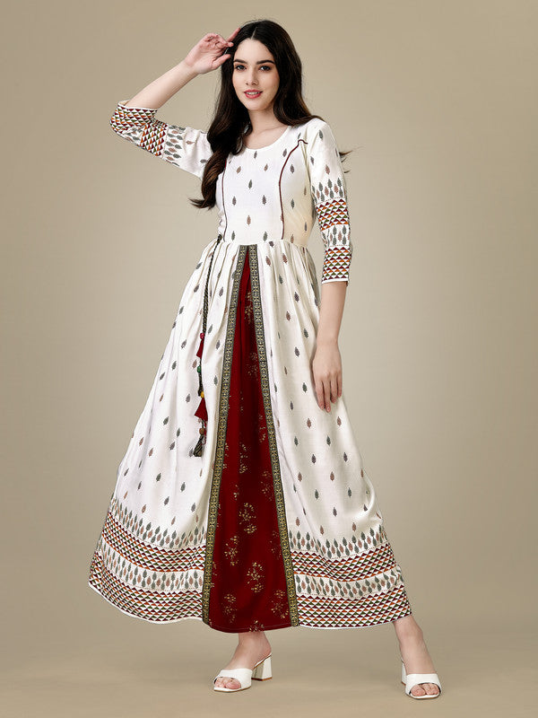 Women's White Printed Rayon Anarkali Gown - Malishka Export