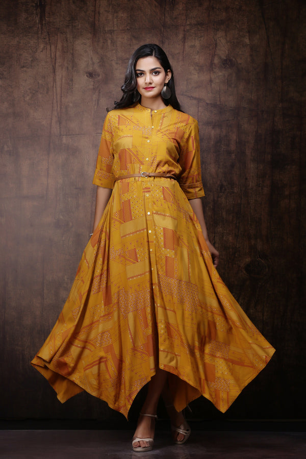 Jashvi Mustard Geometric Printed Rayon Asymmetric Maxi Dress