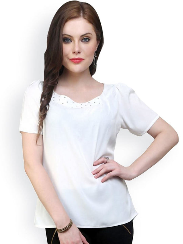 Women's White Top Detailed With Gathered Sleeves And Front Knife Pleats - Pannkh