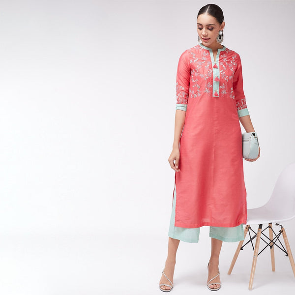 Women's Straight Fit Embroidered Kurta With Palazzo - Pannkh