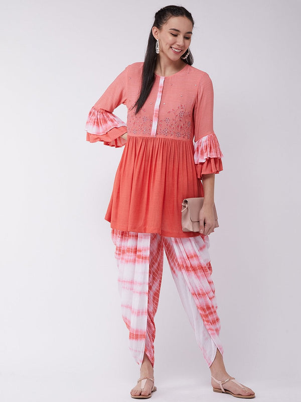 Women's Ombre Tie-Dye Top With Dhoti Set With Embroidery - Pannkh