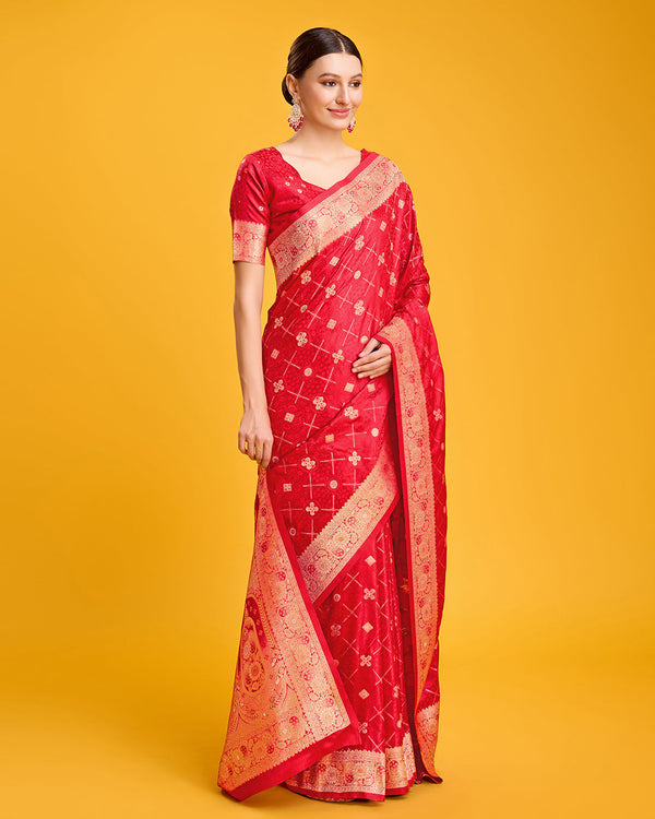 Women's Red Banarasi Silk Zari Woven Traditional Saree - Monjolika Fashion