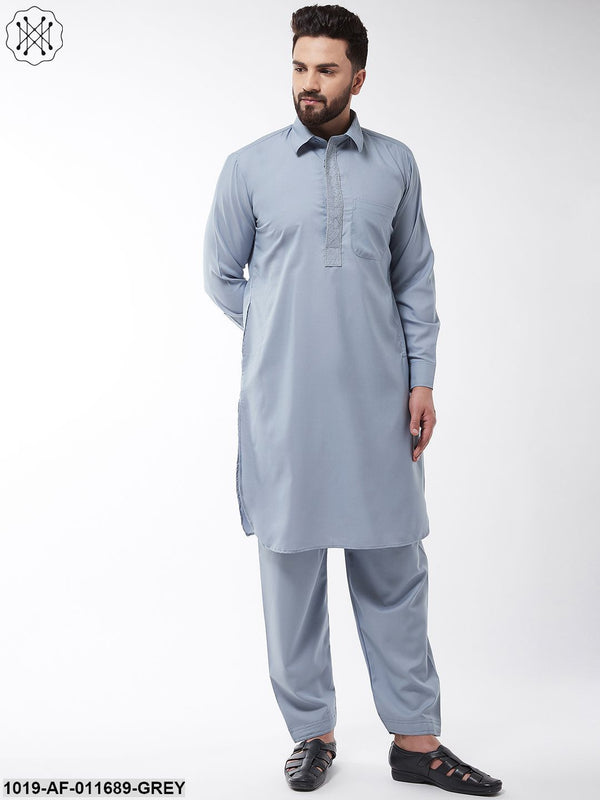 Men's Cotton Blend Grey Pathani Kurta With Salwar Set - Sojanya