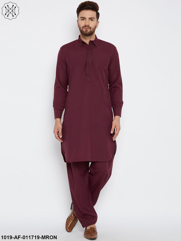 Men's Cotton Maroon Pathani Kurta Salwar Set - Sojanya