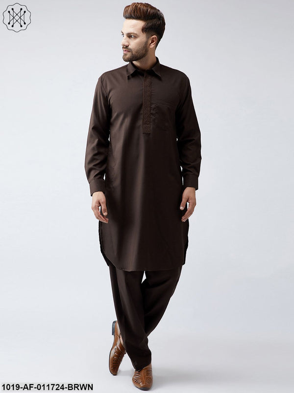 Men's Cotton Dark Brown Pathani Kurta Salwar Set - Sojanya