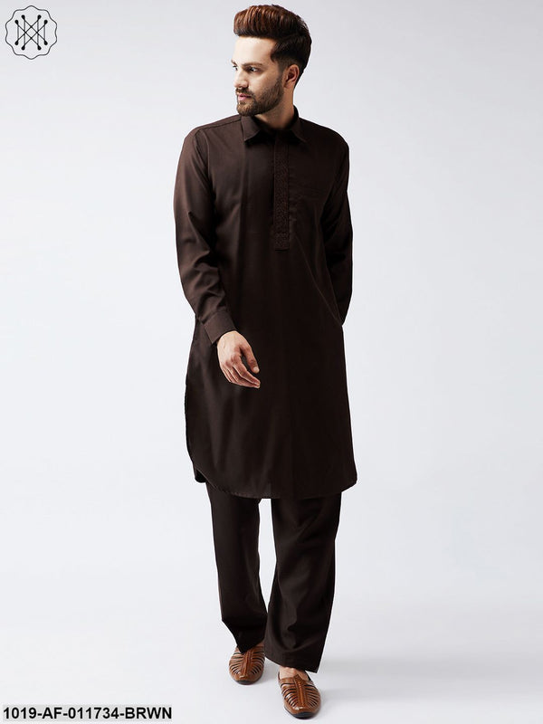 Men's Cotton Dark Brown Pathani Kurta Set - Sojanya