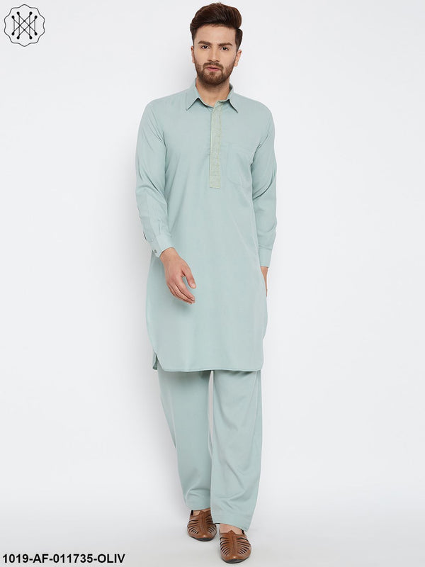 Men's Cotton Olive Pathani Kurta Set - Sojanya