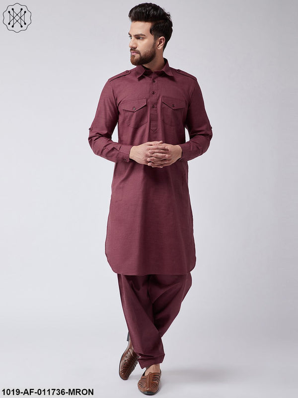 Men's Cotton Maroon Pathani Kurta Salwar Set - Sojanya