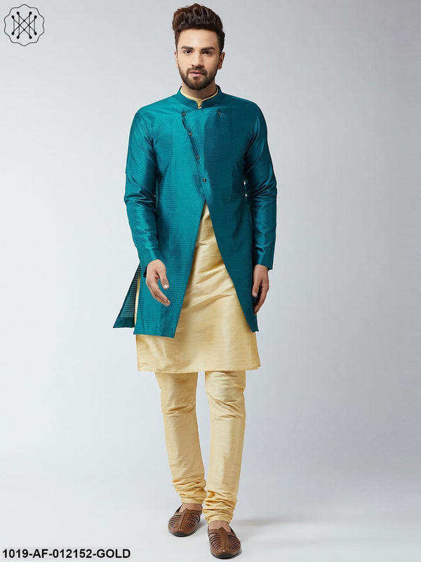 Men's Silk Blend Gold Kurta Churidaar Pyjama & Peacock Sherwani Jacket Set - Sojanya