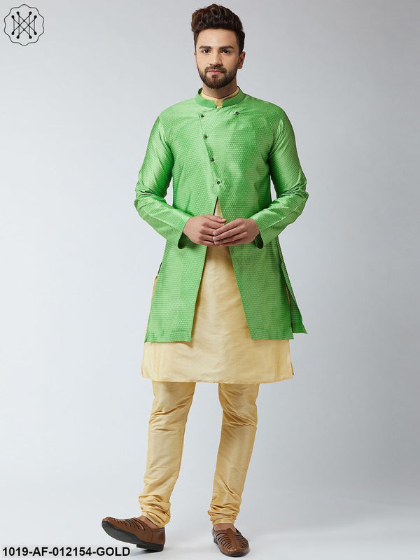 Men's Silk Blend Gold Kurta Churidaar Pyjama & Green Sherwani Jacket Set - Sojanya