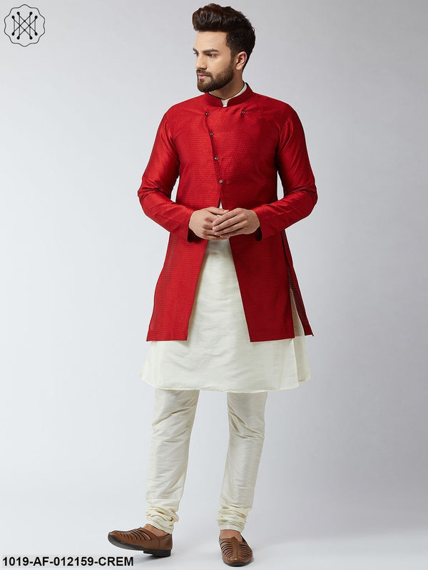 Men's Silk Blend Cream Kurta Churidaar Pyjama & Maroon Sherwani Jacket Set - Sojanya