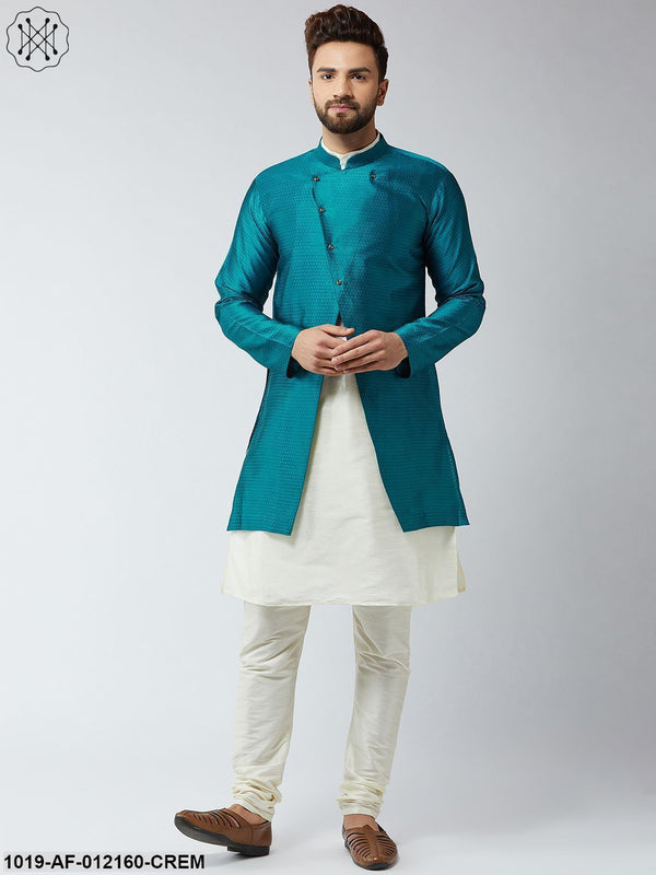 Men's Silk Blend Cream Kurta Churidaar Pyjama & Peacock Sherwani Jacket Set - Sojanya