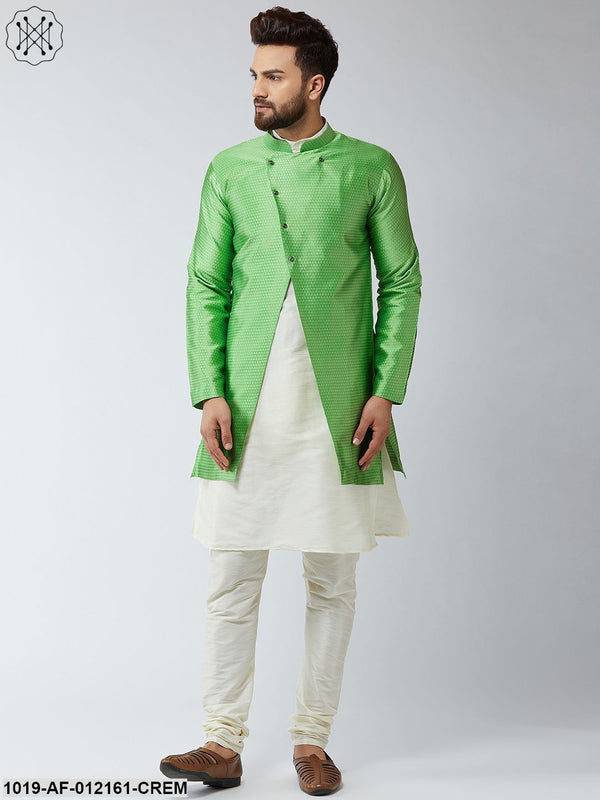 Men's Silk Blend Cream Kurta Churidaar Pyjama & Green Sherwani Jacket Set - Sojanya