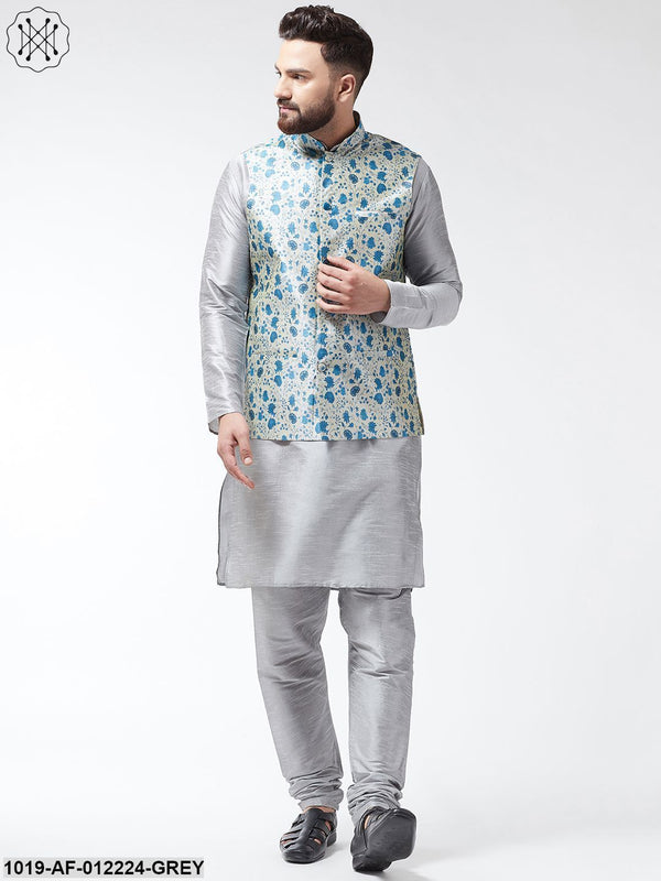 Men's Silk Blend Grey Kurta With Pyjama & Blue Printed Nehrujacket Combo - Sojanya