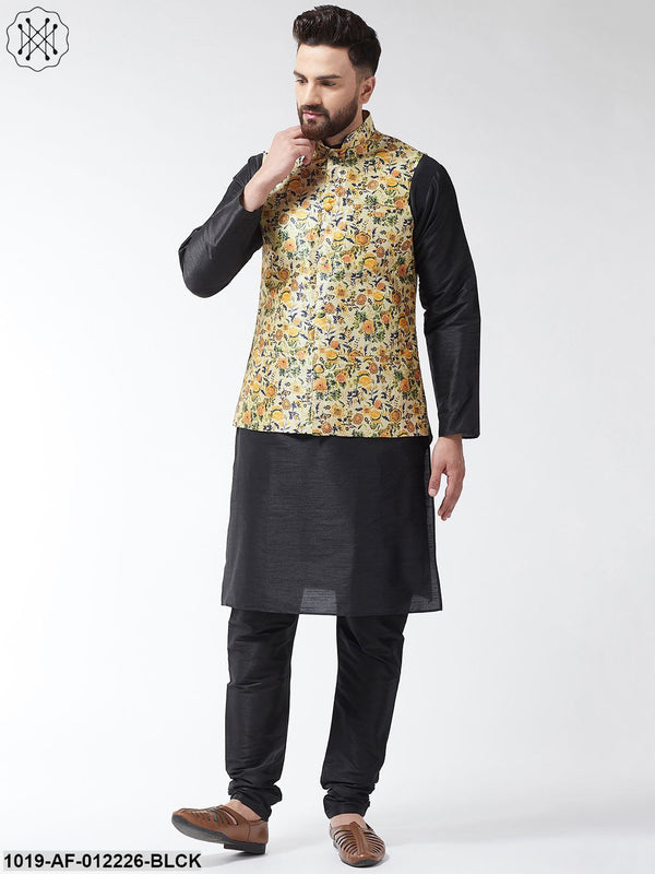 Men's Silk Blend Black Kurta With Pyjama & Limegreen Printed Nehrujacket Combo - Sojanya